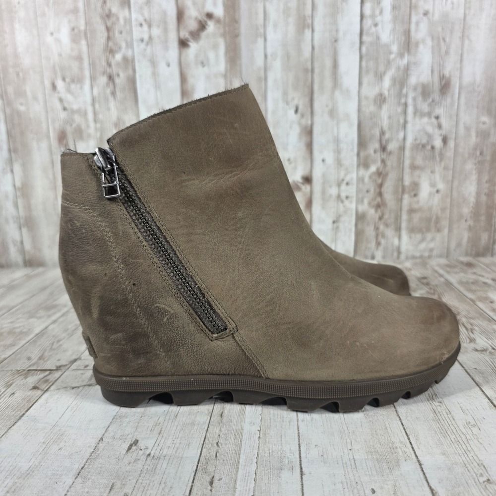 Sorel Evie Zip Wedge Booties Major Brown Leather Ankle Boots NL3365-240 Mens 8.5